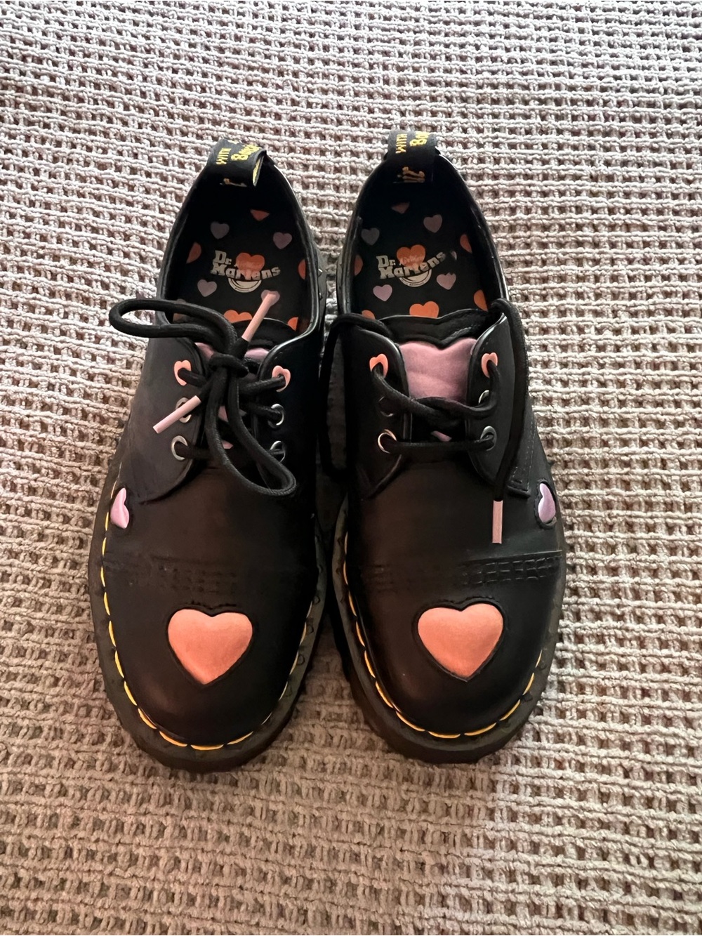 Dr. Martens Black Leather Platform Oxfords with Pink and Orange Hearts - Picture 5 of 5